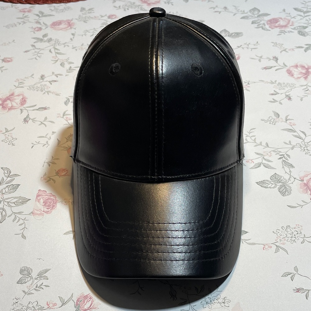 Black Faux Leather Baseball Cap